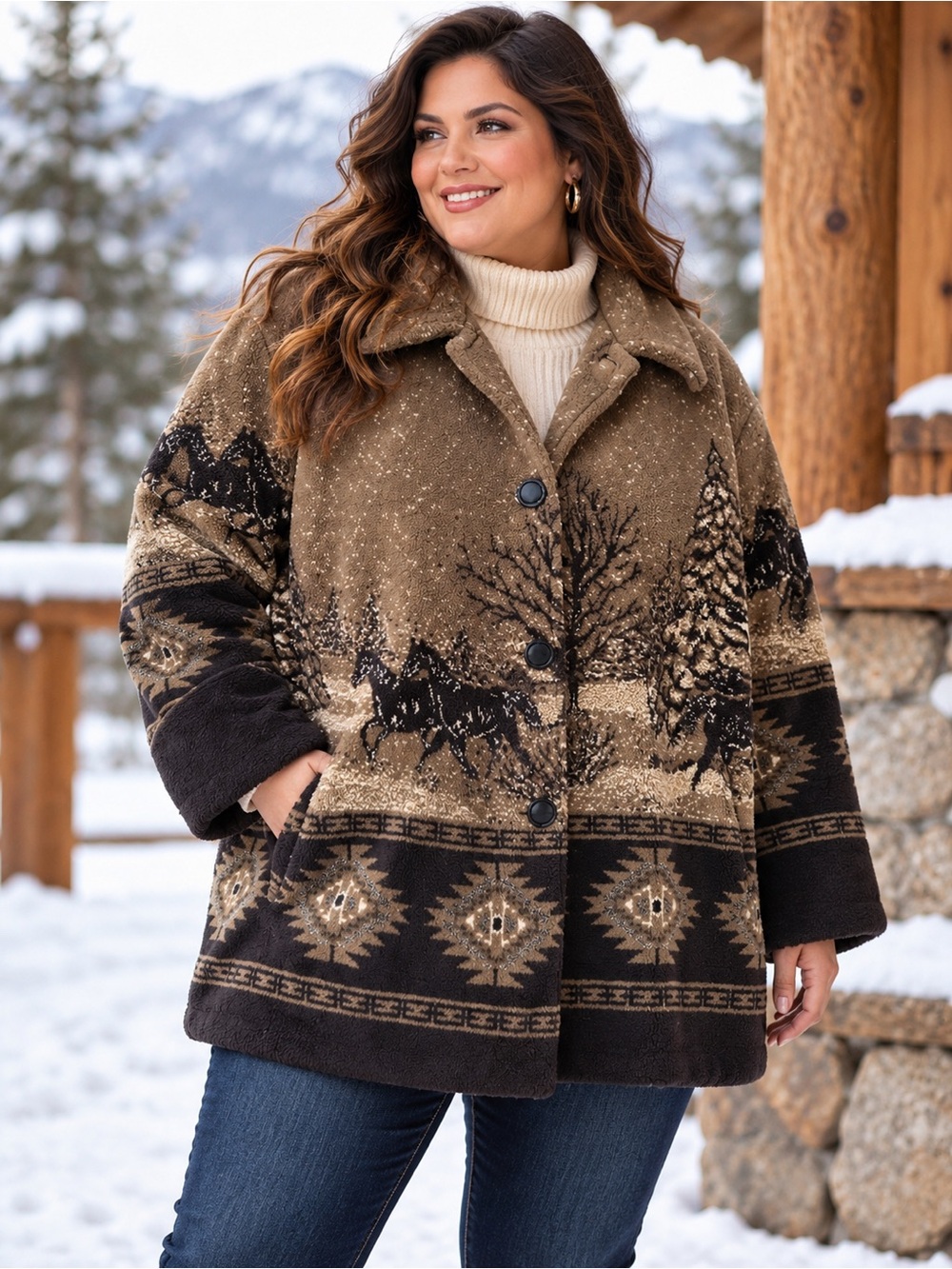 Vintage AE Sherpa Fleece Horse & Forest Southwestern Print Jacket